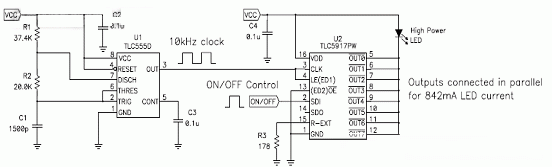 TLC555 定時(shí)器代替 LED 驅(qū)動(dòng)器的微處理器